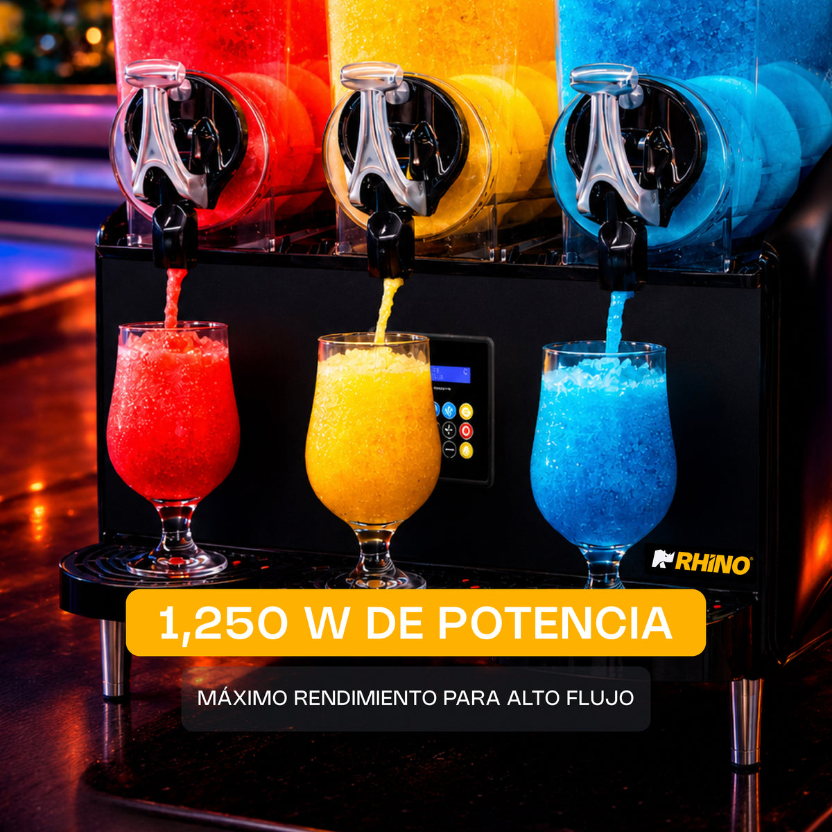 Granizadora Rhino MAGRA-3TX en operación con tres bebidas y potencia de 1250 W