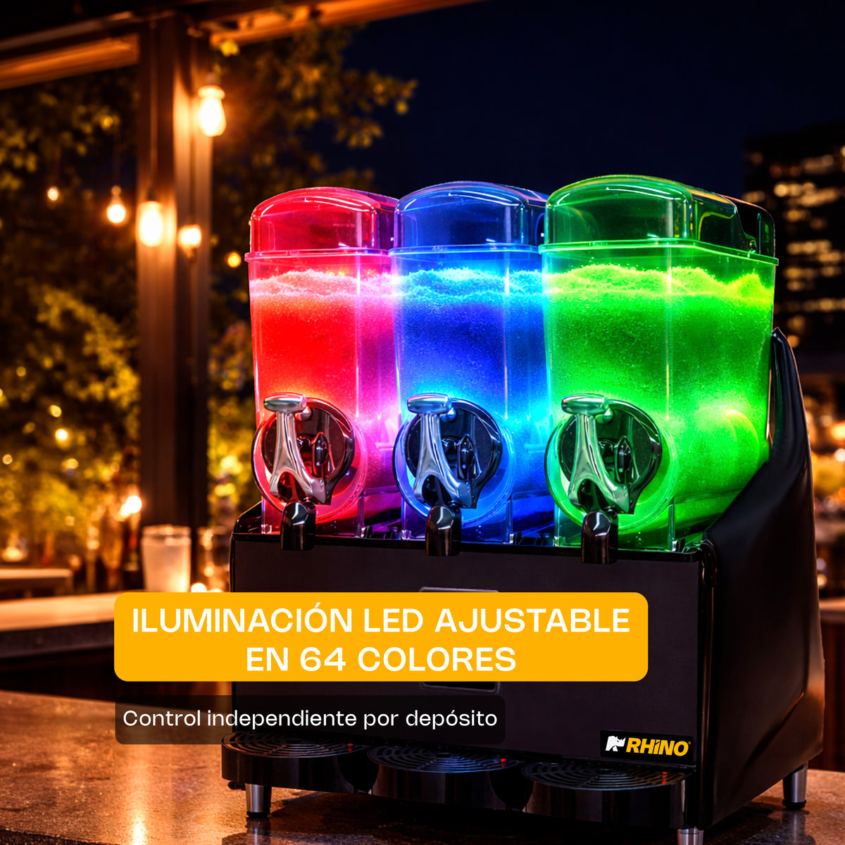 Iluminación LED ajustable en 64 colores en la granizadora premium Rhino MAGRA-3TX