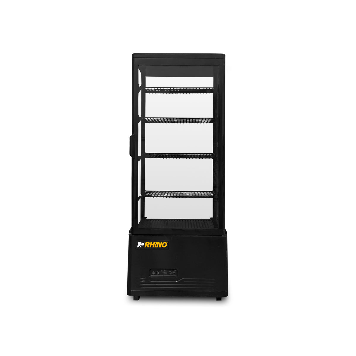 Vitrina refrigerada Rhino VIVEPA-4 de 100 L, vista frontal con puerta cerrada y cuatro parrillas