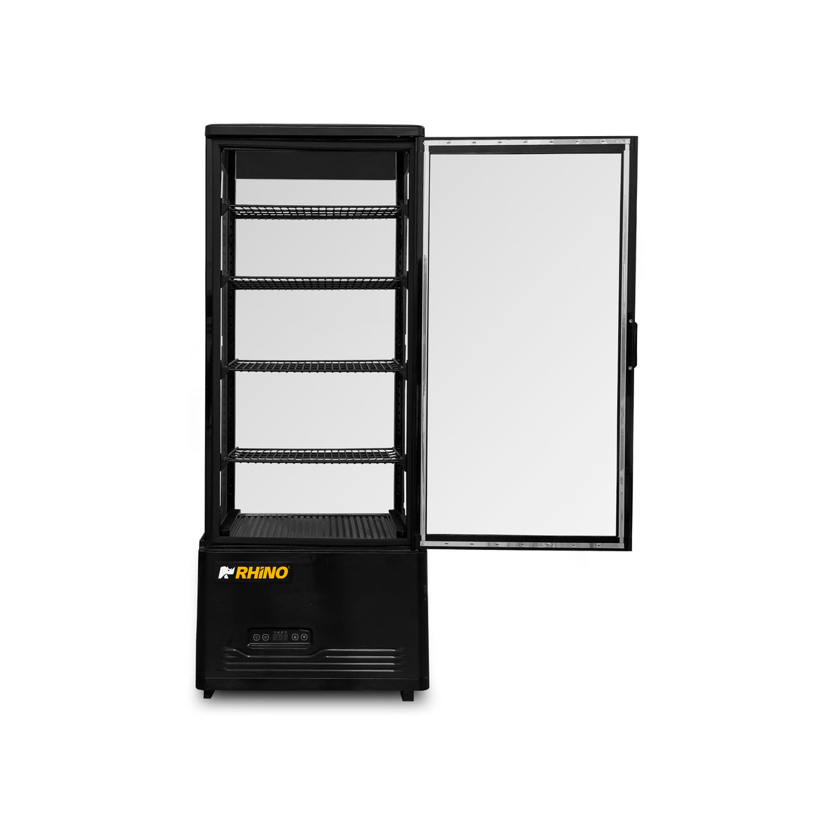 Vitrina refrigerada Rhino VIVEPA-4 de 100 L, vista frontal del interior con puerta abierta