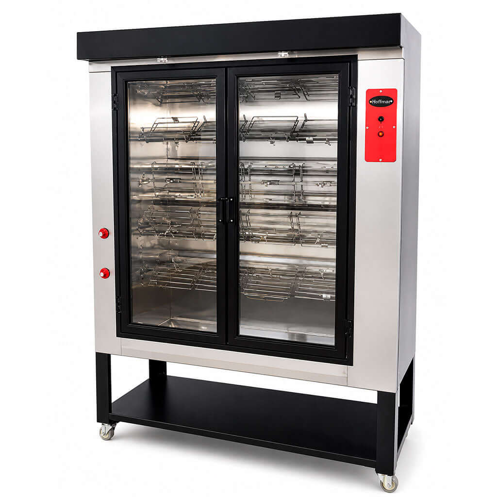 Rosticero de pollos Hoffman ROSTI-20 vista lateral, estructura de acero inoxidable con base y ruedas para uso comercial.