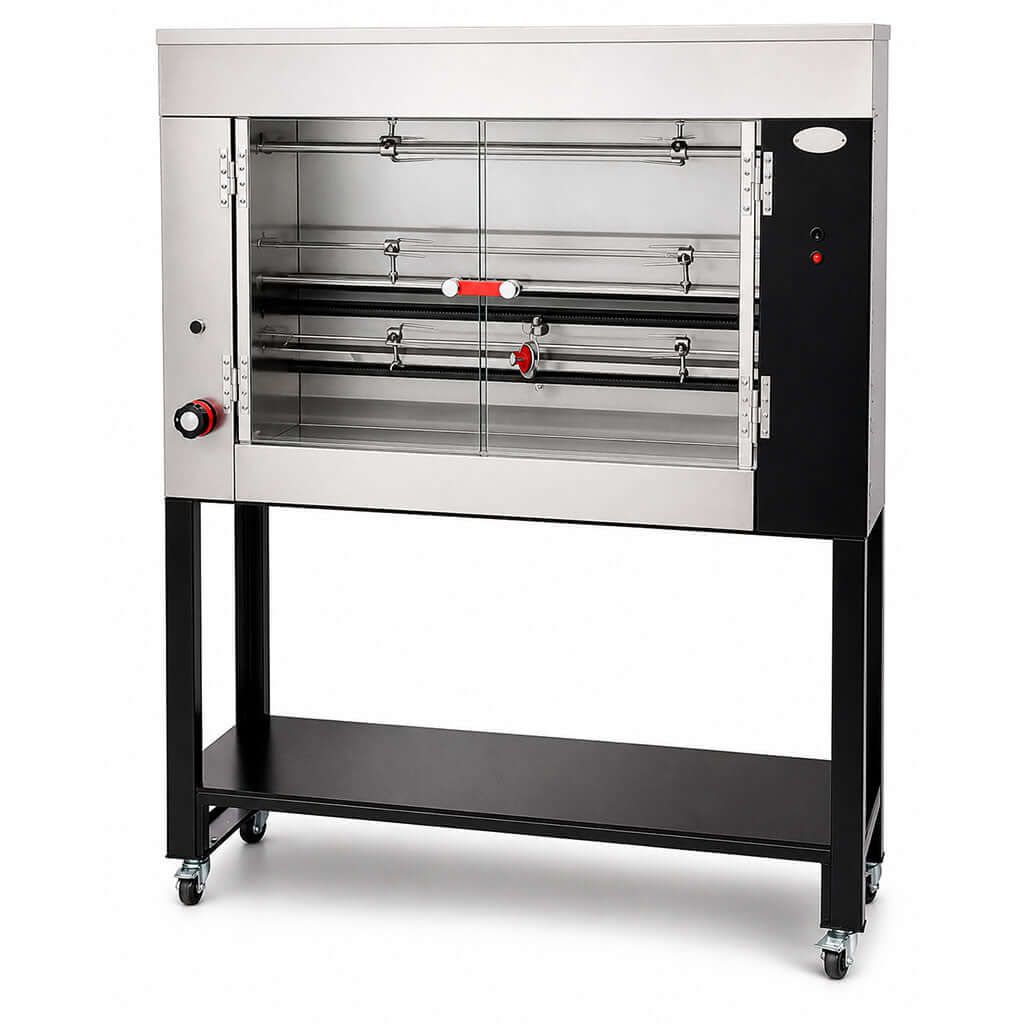 Rosticero Hoffman 27 pollos con base vista lateral en acero inoxidable para rosticerías