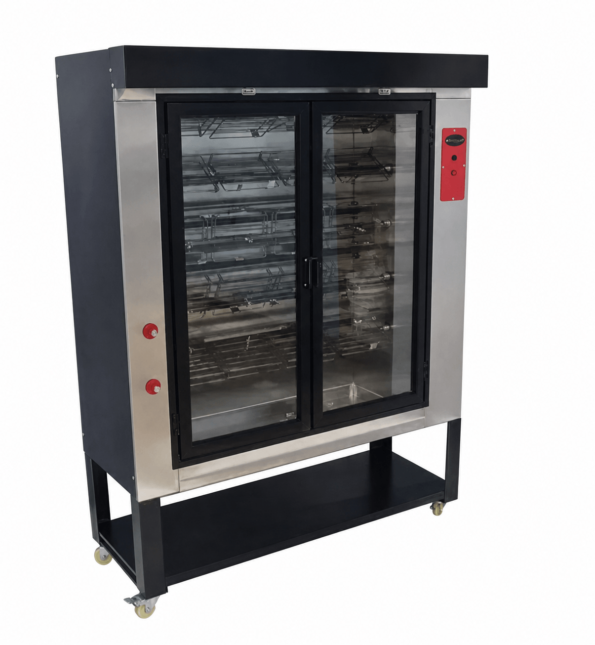 Rosticero de pollos Hoffman ROSTI-20 vista lateral, estructura de acero inoxidable con base y ruedas para uso comercial.