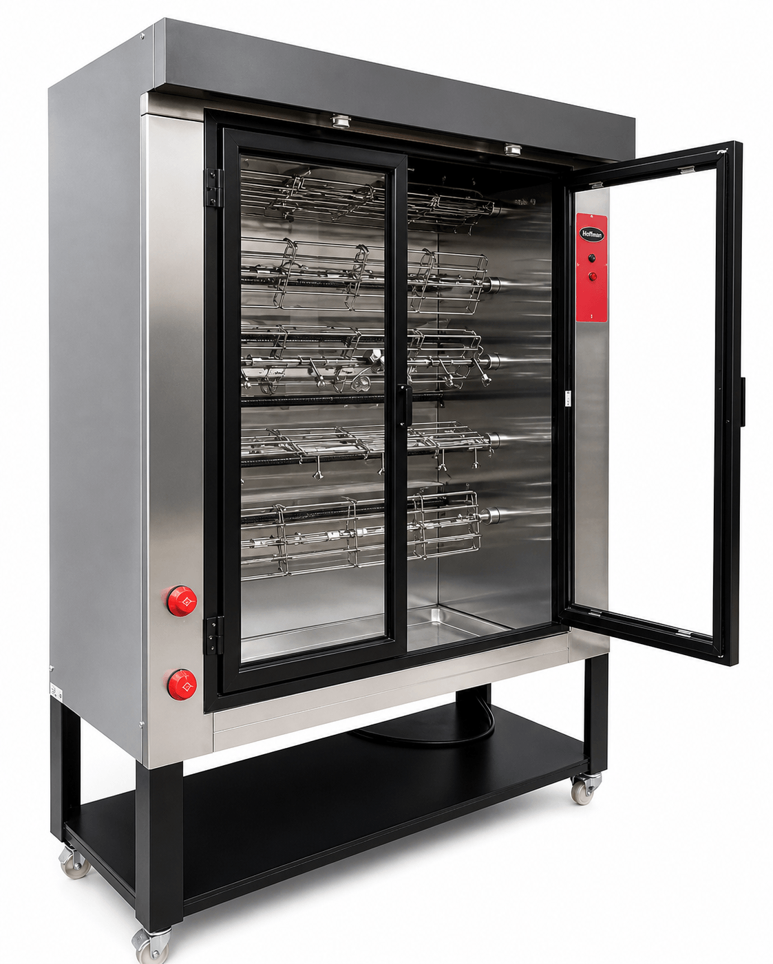 Rosticero de pollos Hoffman ROSTI-20 con puerta abierta, interior visible y varillas para cocción de pollos.