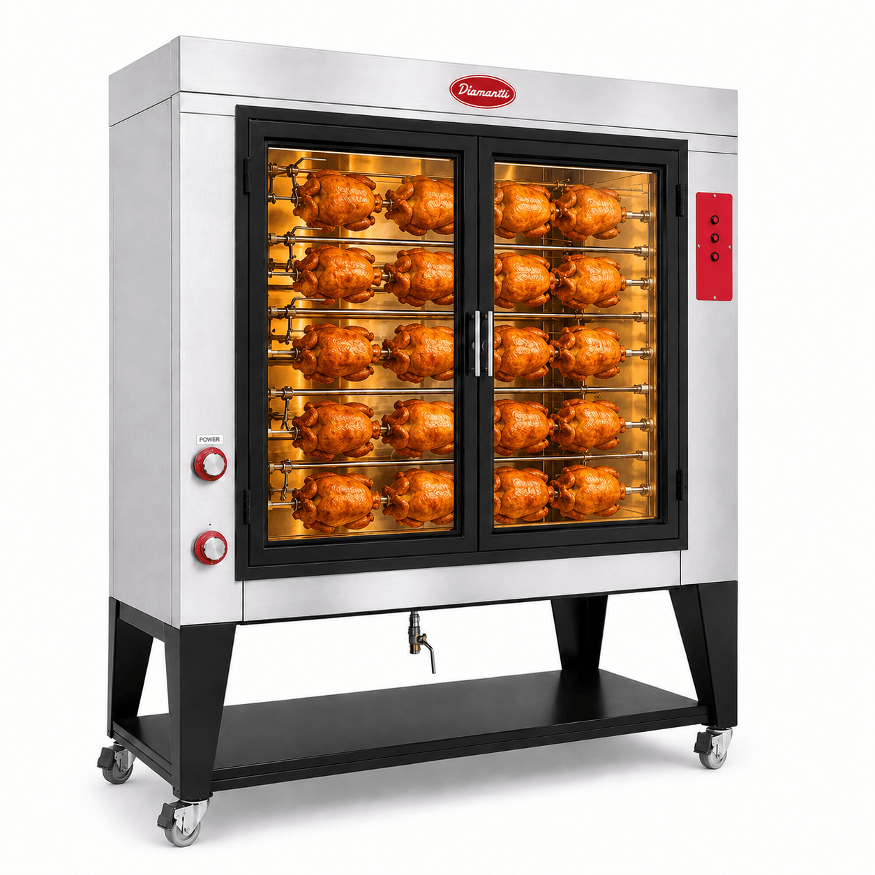 Rosticero Diamantti HRD-45 en funcionamiento con pollos rostizados en 5 varillas giratorias