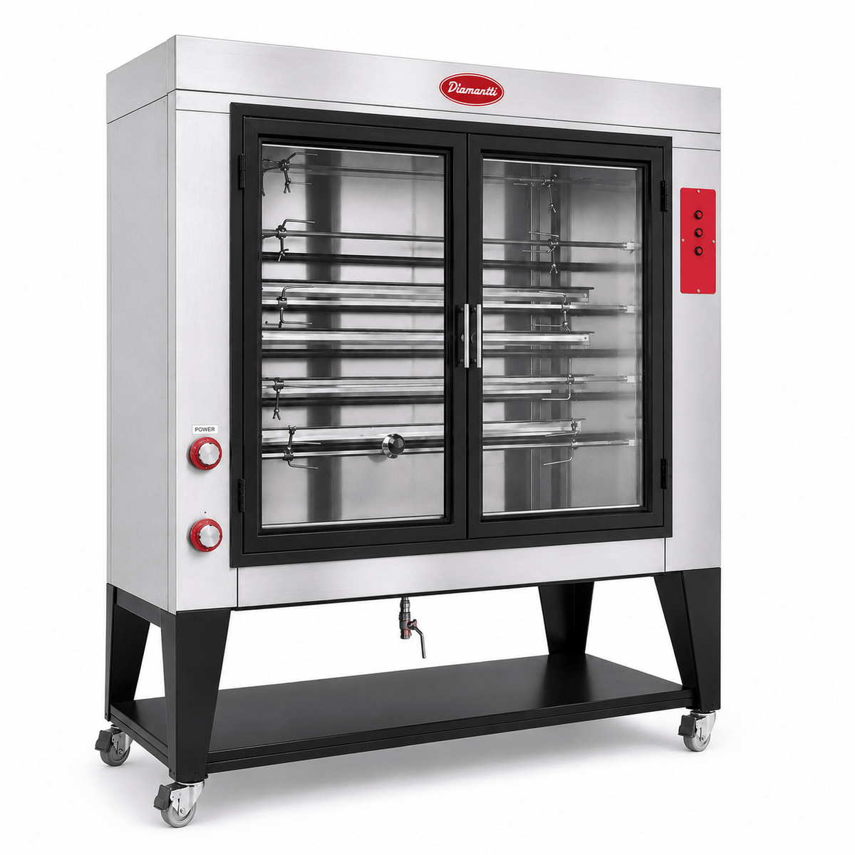 Vista lateral del rosticero industrial Diamantti HRD-45 de acero inoxidable con 5 varillas