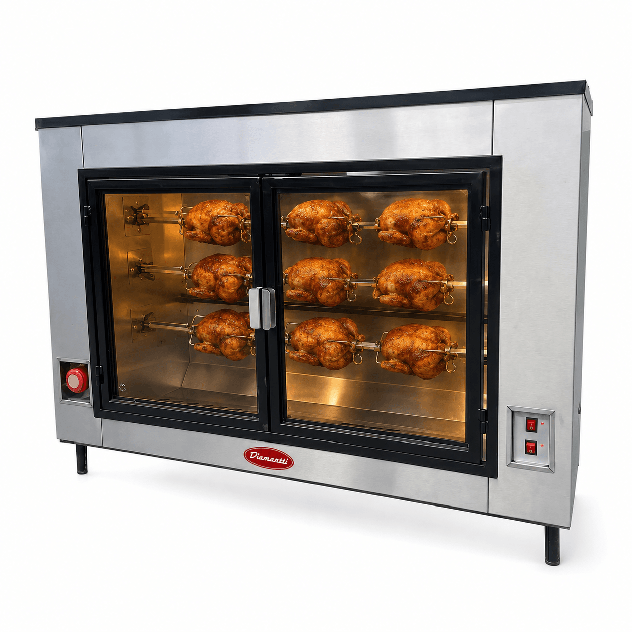 Rosticero Diamantti RDM-27 en funcionamiento con pollos rostizados en varillas interiores