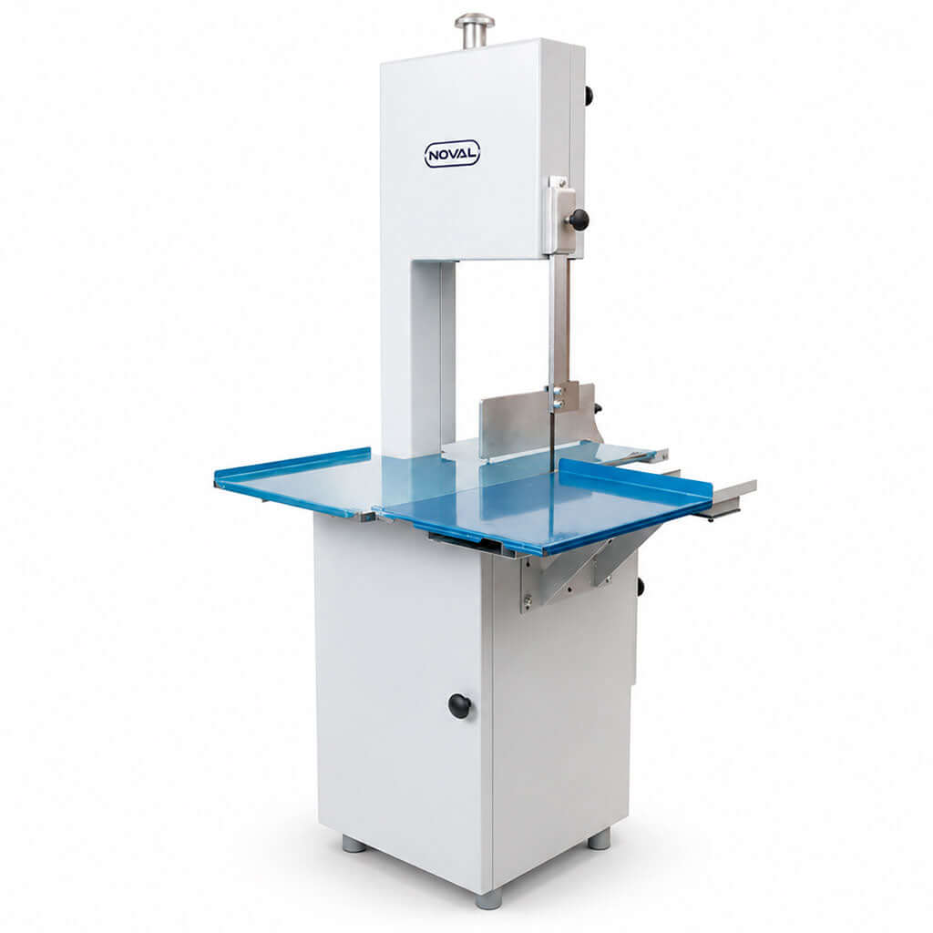 Sierra carnicera Noval SN-295 de piso con mesa de acero inoxidable y cinta de corte para carne y hueso