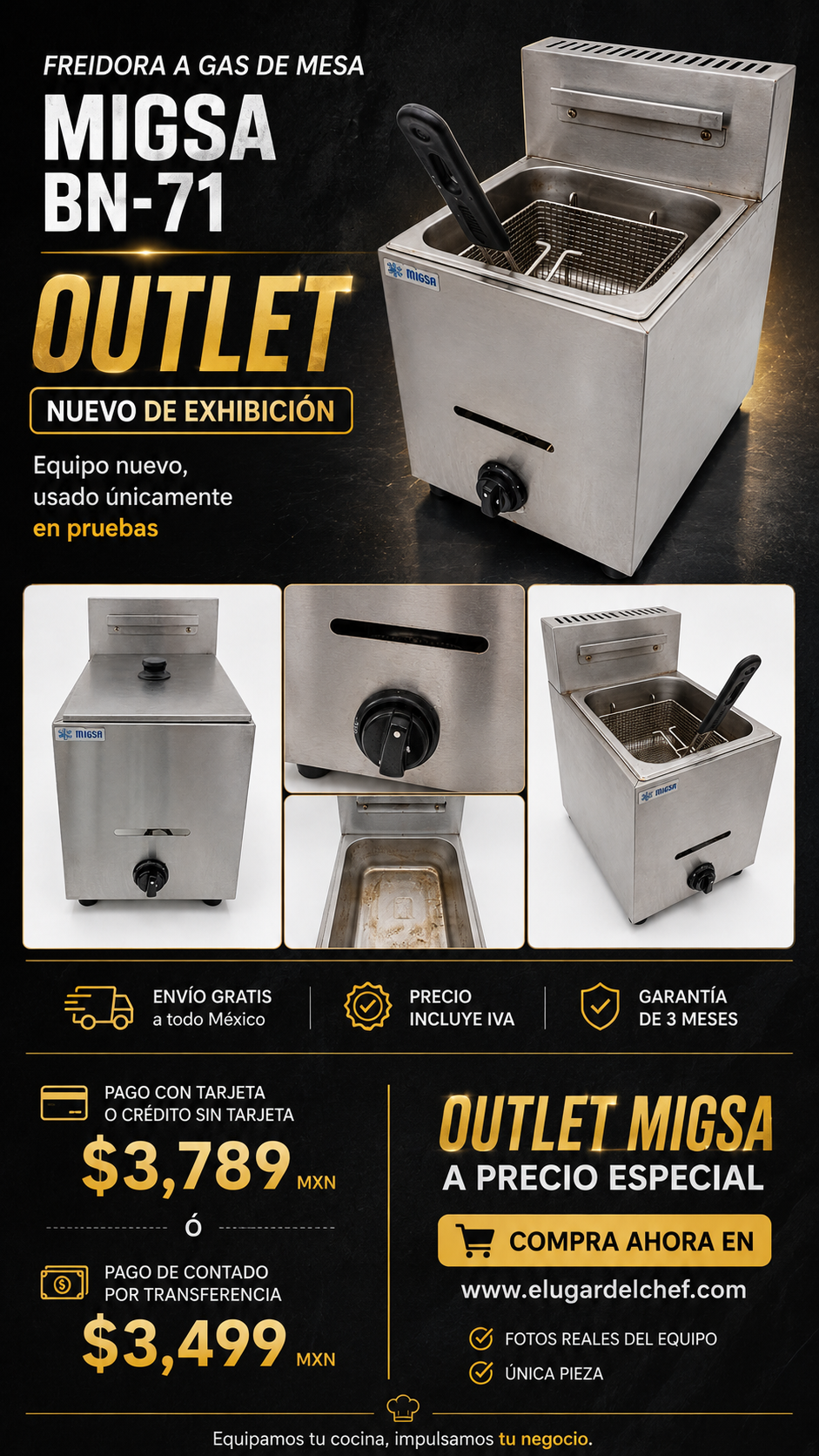Freidora a Gas de Mesa Migsa BN-71 Outlet | 6 Litros