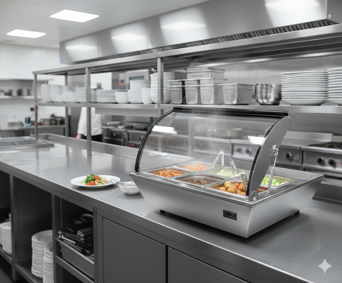 Vitrina caliente Migsa con control de temperatura digital de 30 a 90°C y resistencia de 500 W