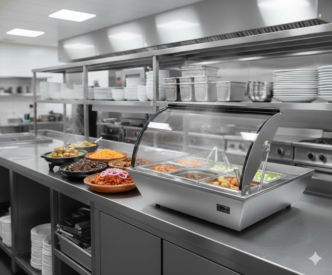 Vitrina caliente sobre mesa Migsa en acero inoxidable con 8 insertos sextos incluidos