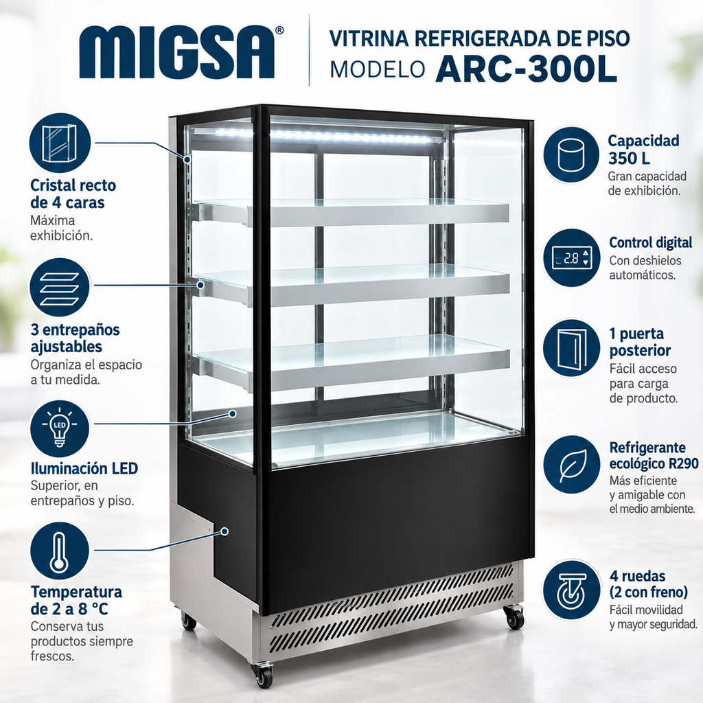 Vitrina refrigerada MIGSA ARC-300L con características de capacidad, LED, temperatura y ruedas