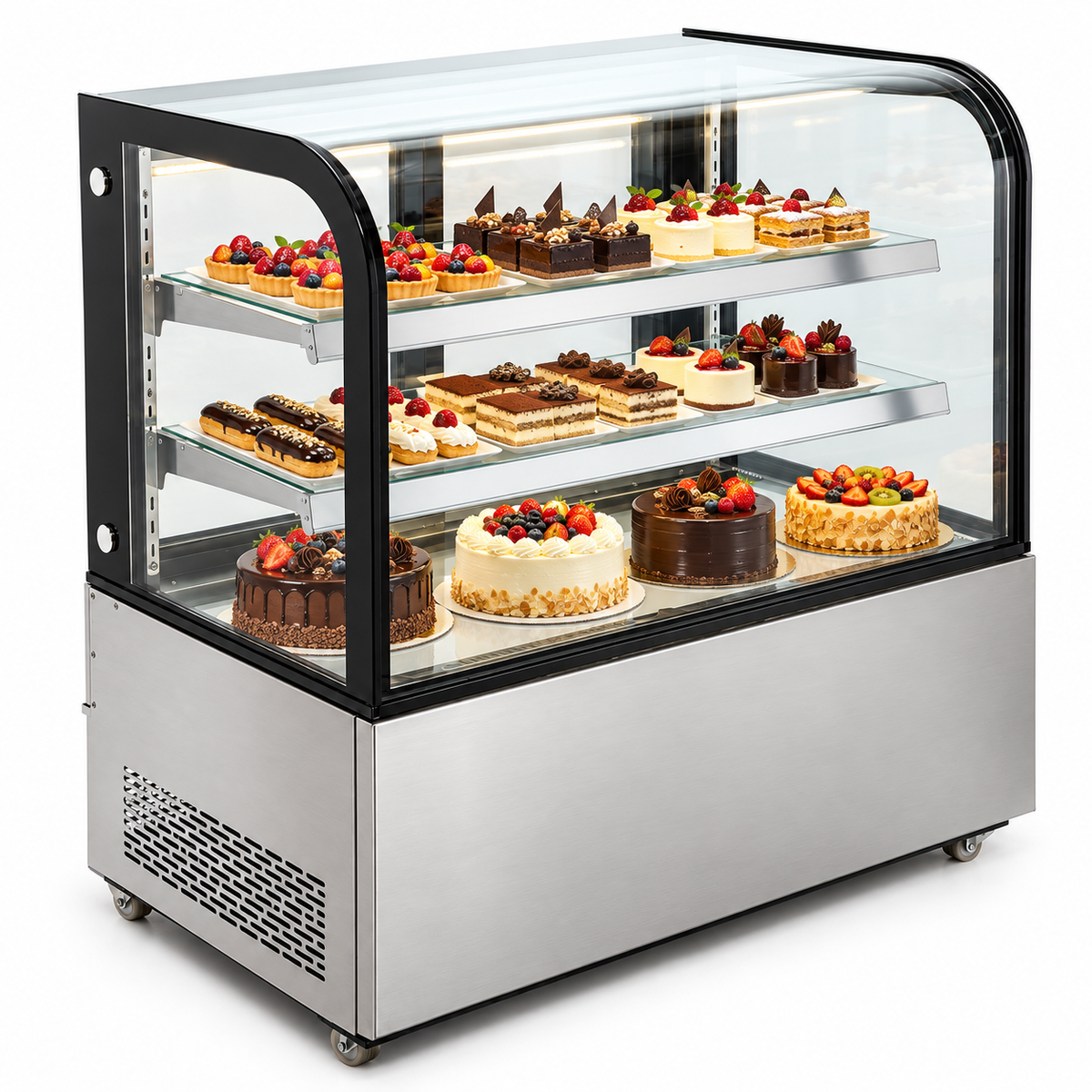 Vitrina refrigerada MIGSA ARC-370Y abastecida con pasteles y postres