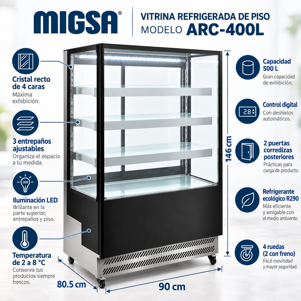 Vitrina refrigerada MIGSA ARC-400L con características de capacidad, LED, temperatura, R290 y ruedas