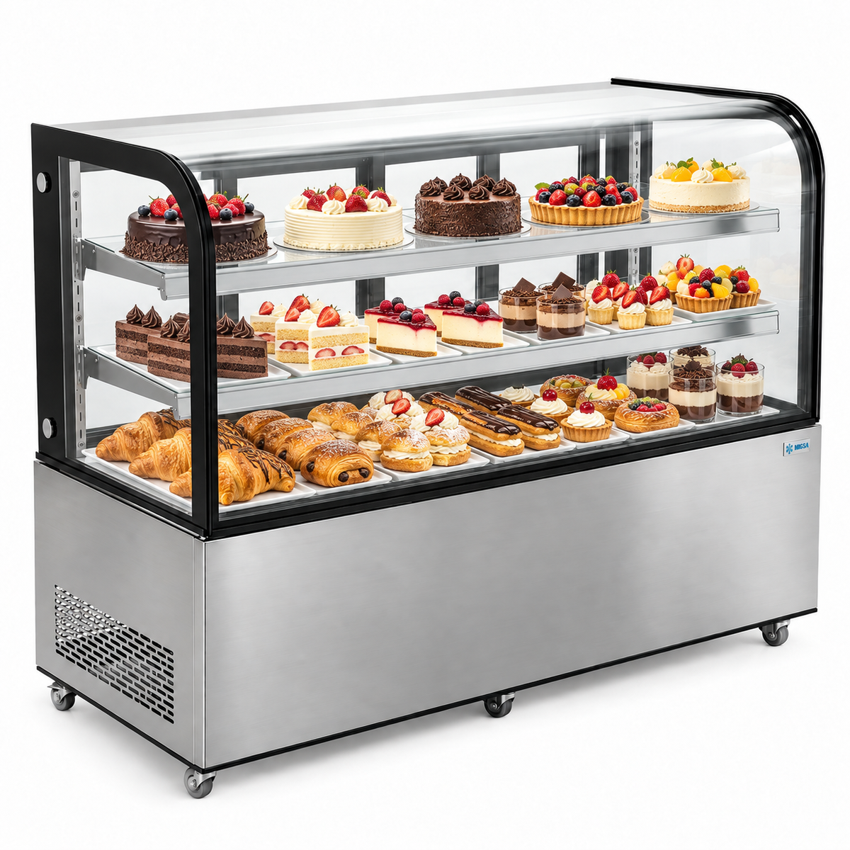 Vitrina refrigerada MIGSA ARC-470Y abastecida con pasteles y postres
