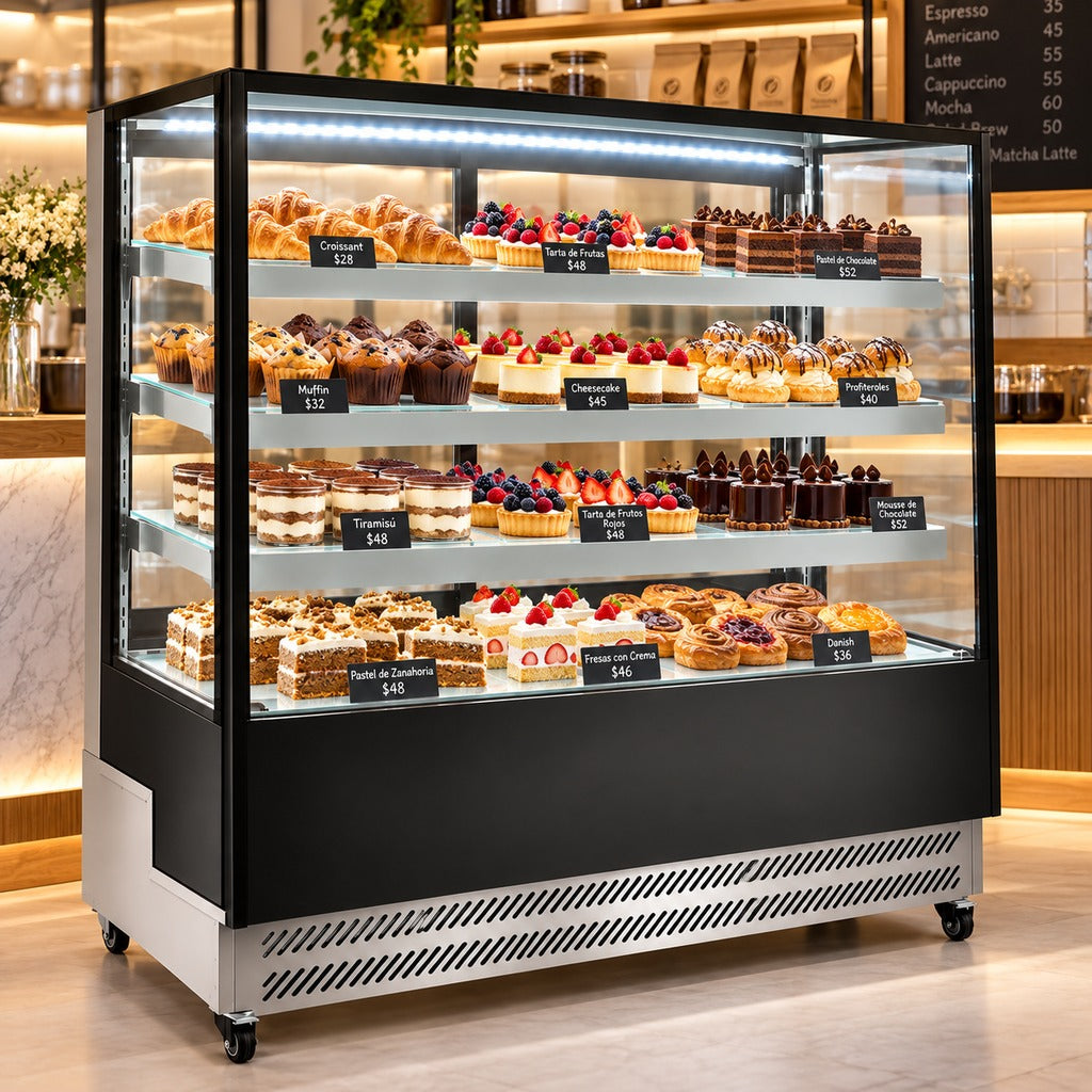 Vitrina refrigerada MIGSA ARC-500L instalada en cafetería con pasteles y postres en exhibición