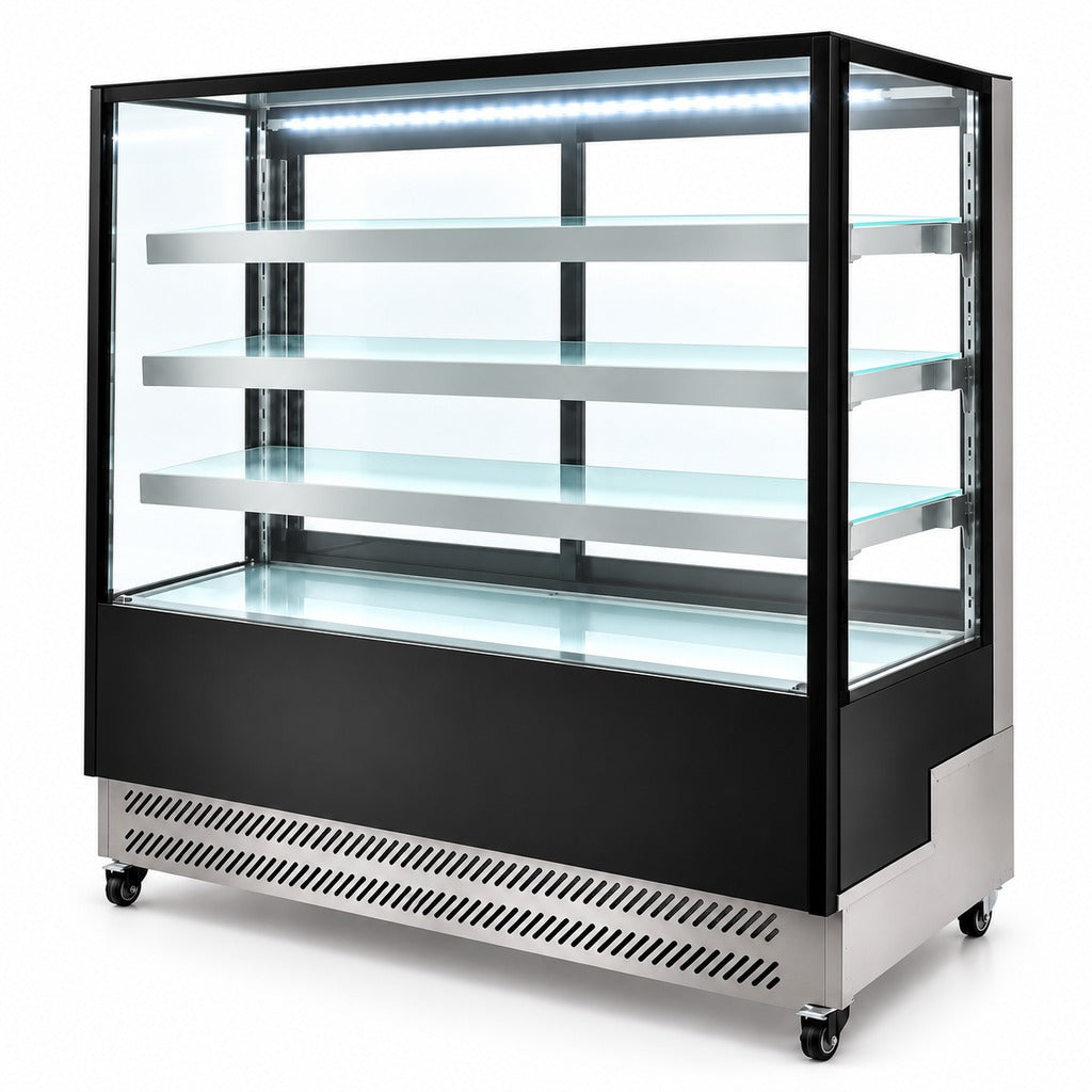 Vitrina refrigerada MIGSA ARC-500L vista lateral con cristal recto y tres entrepaños