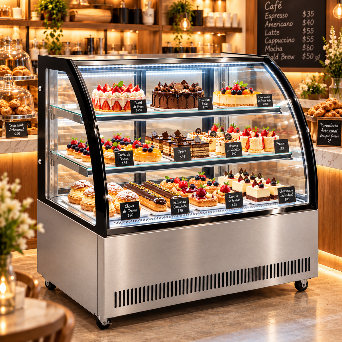 Vitrina refrigerada MIGSA GN-1200C2 instalada en cafetería con pasteles y postres
