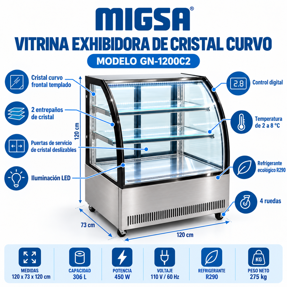 Vitrina refrigerada MIGSA GN-1200C2 con capacidad 306 L, LED, R290 y control digital