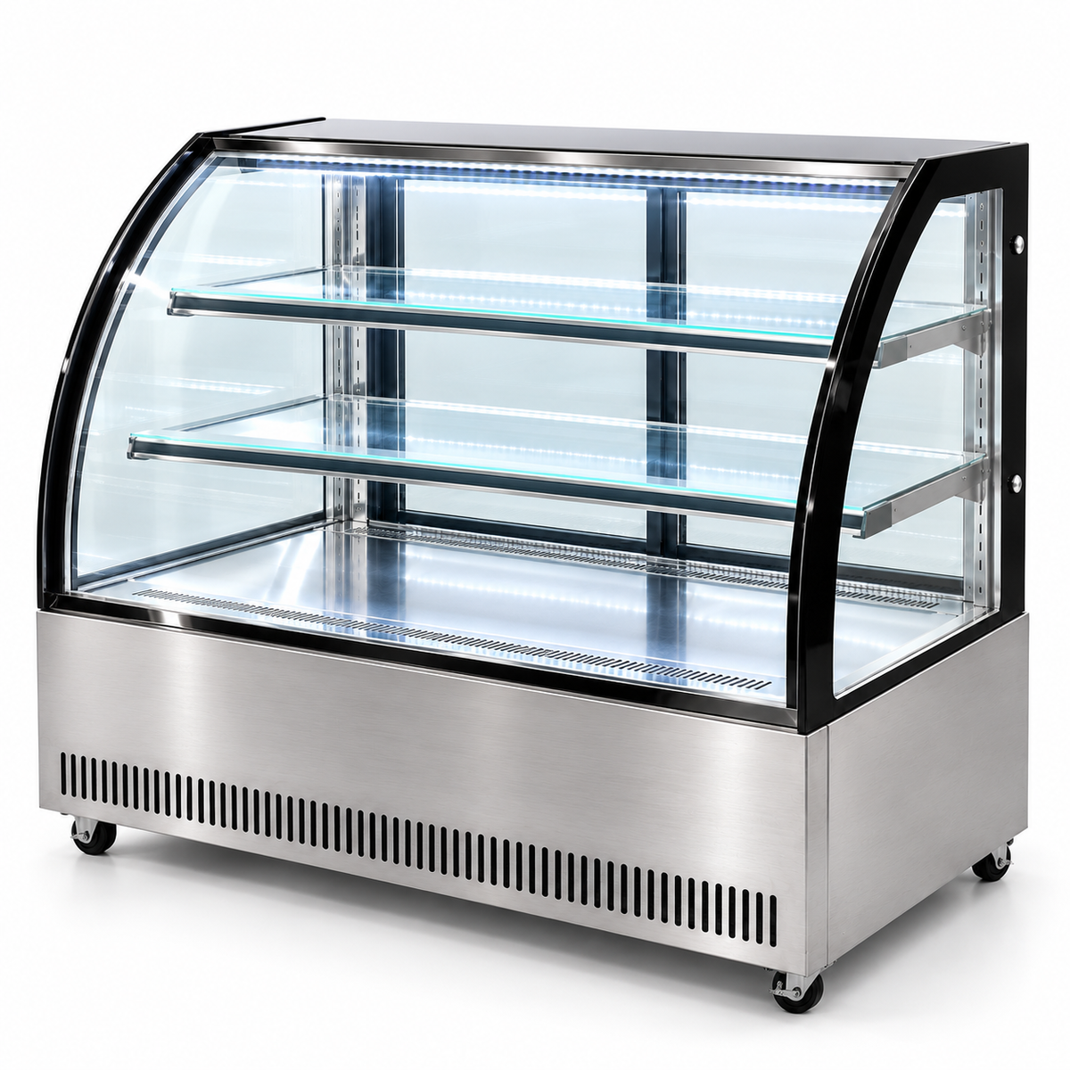 Vitrina refrigerada MIGSA GN-1200C2 vista lateral con cristal curvo y dos entrepaños