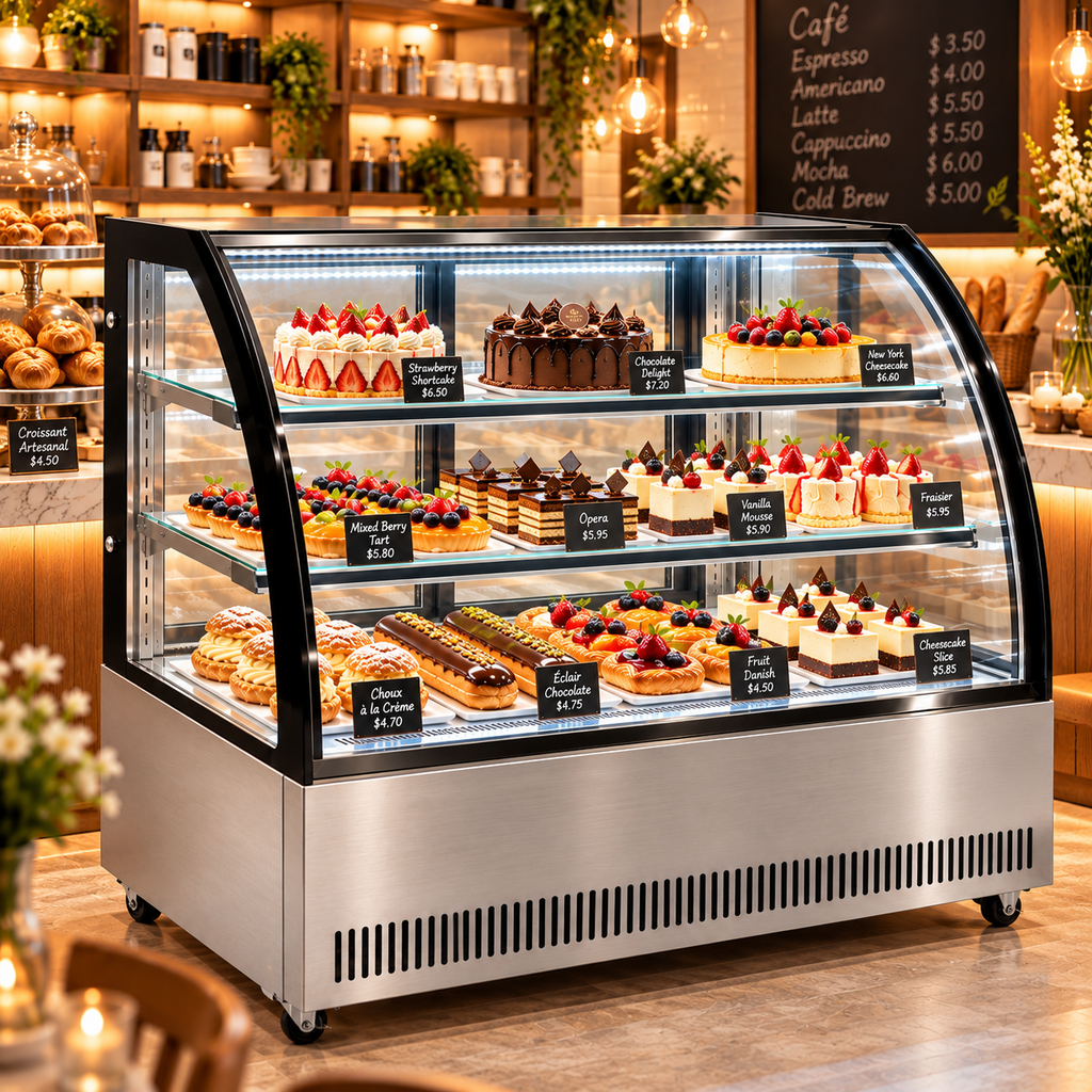 Vitrina refrigerada MIGSA GN-1500C2 instalada en cafetería con pasteles y postres