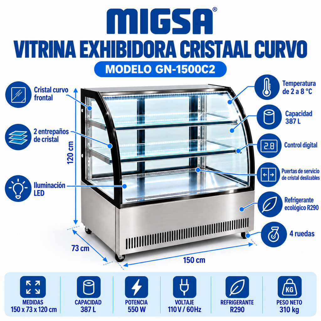 Vitrina refrigerada MIGSA GN-1500C2 con capacidad 387 L, LED, R290 y control digital
