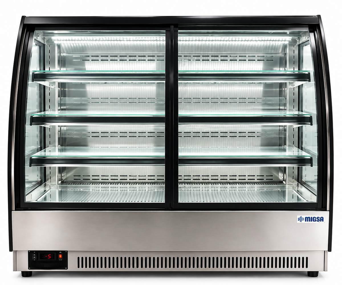 Vitrina refrigerada MIGSA GN-1500Y3 de 447 litros, vista frontal sobre fondo blanco