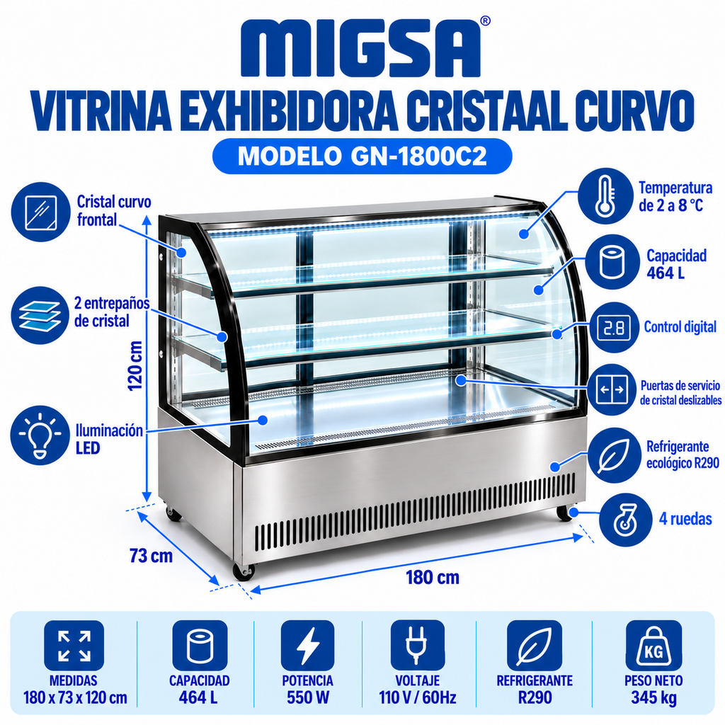 Vitrina refrigerada MIGSA GN-1800C2 con capacidad 464 L, LED, R290 y control digital