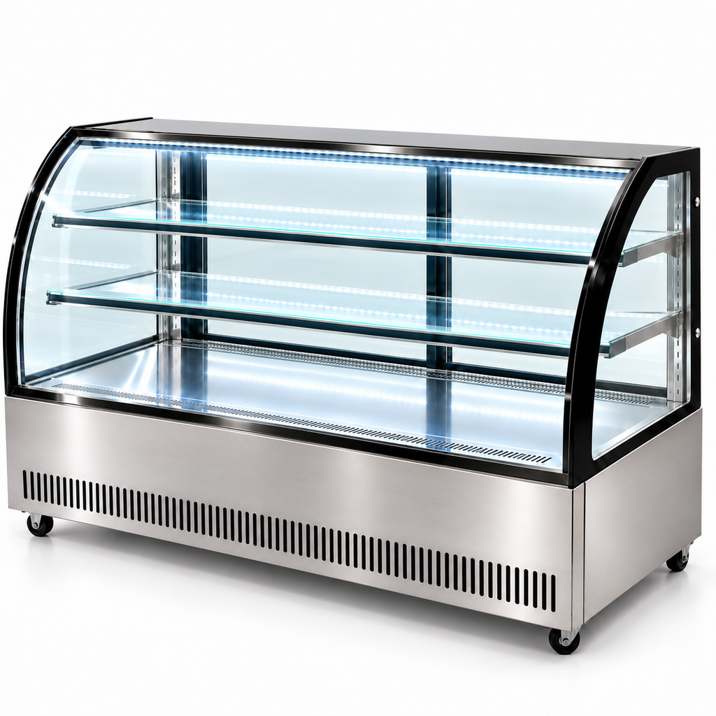Vitrina refrigerada MIGSA GN-1800C2 vista lateral con cristal curvo y dos entrepaños