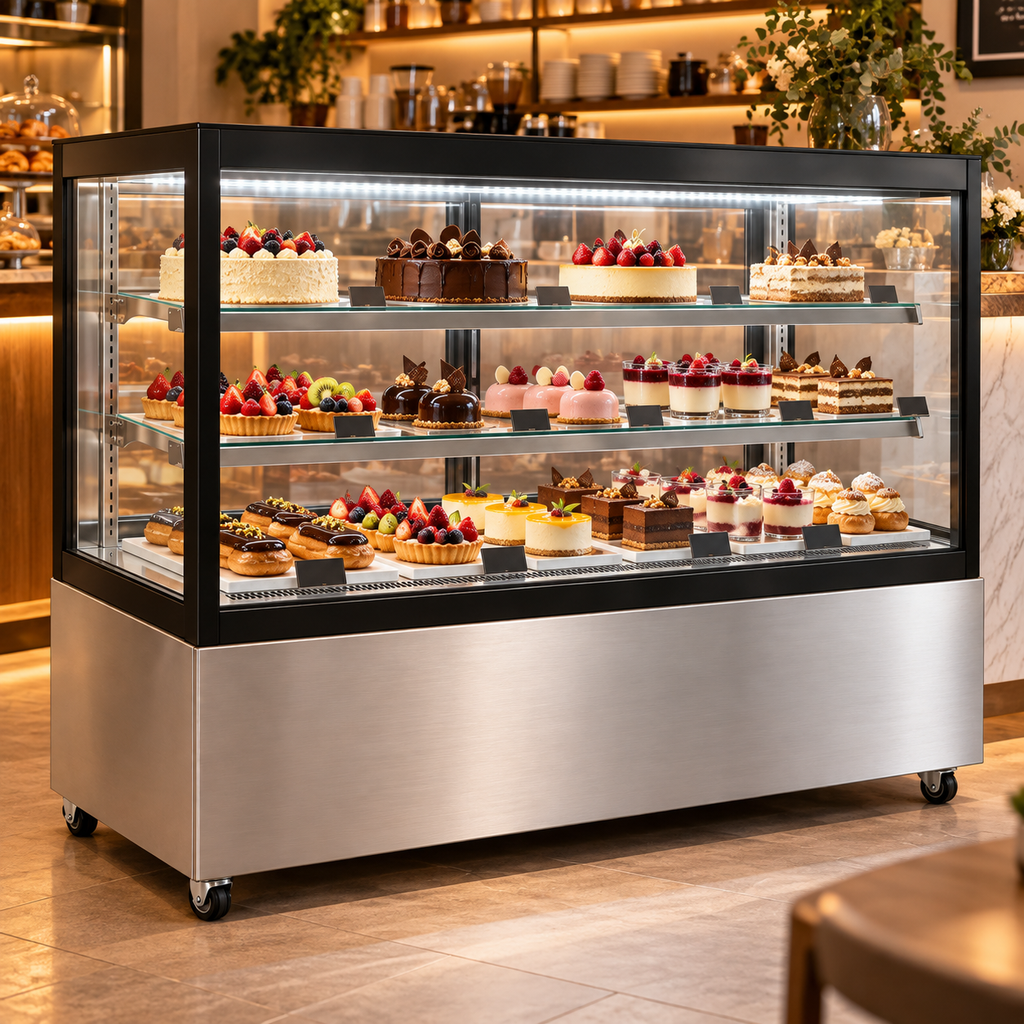 Vitrina refrigerada MIGSA GN-1800R2 instalada en cafetería con pasteles y postres