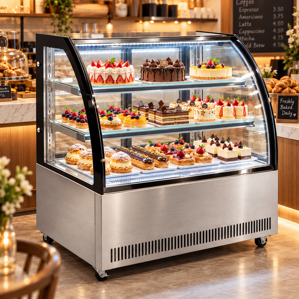 Vitrina refrigerada MIGSA GN-900C2 instalada en cafetería con pasteles y postres