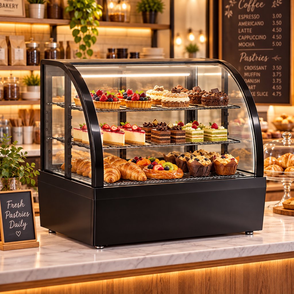 Vitrina refrigerada MIGSA RTW-100L-3 instalada en cafetería con postres en exhibición