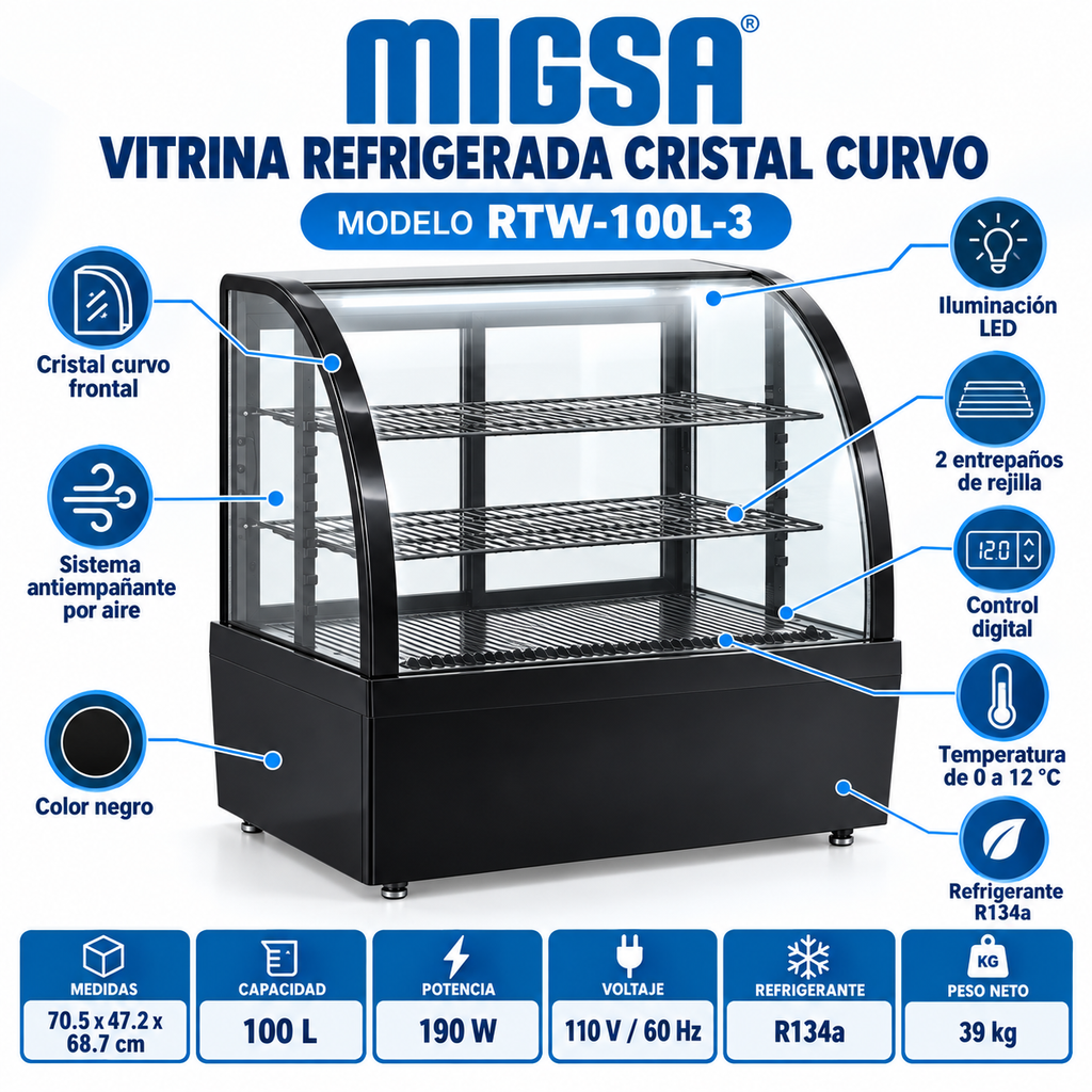 Vitrina refrigerada MIGSA RTW-100L-3 con capacidad 100 L, antiempañante y control digital