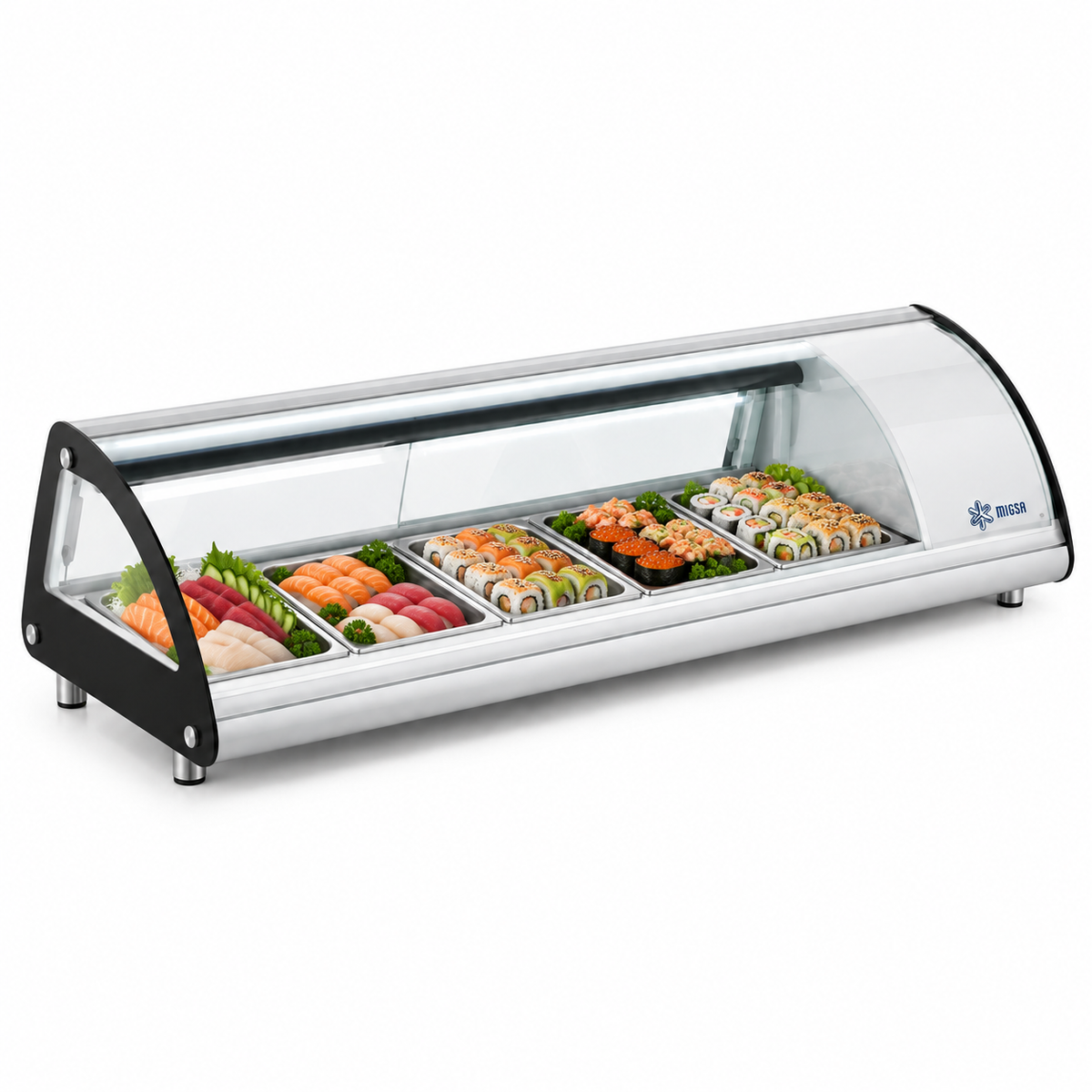 Vitrina MIGSA RTS-103L con sushi en 5 espacios para charolas GN 1/2