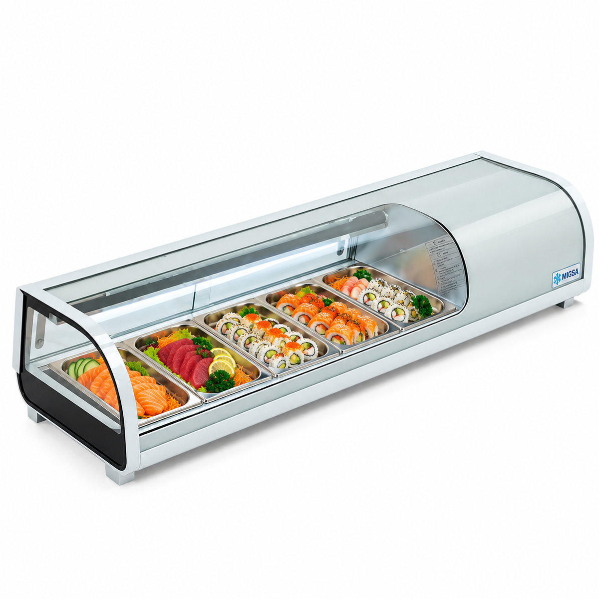Vitrina MIGSA RTS-52L con sushi en 5 charolas Gastronorm GN 1/3
