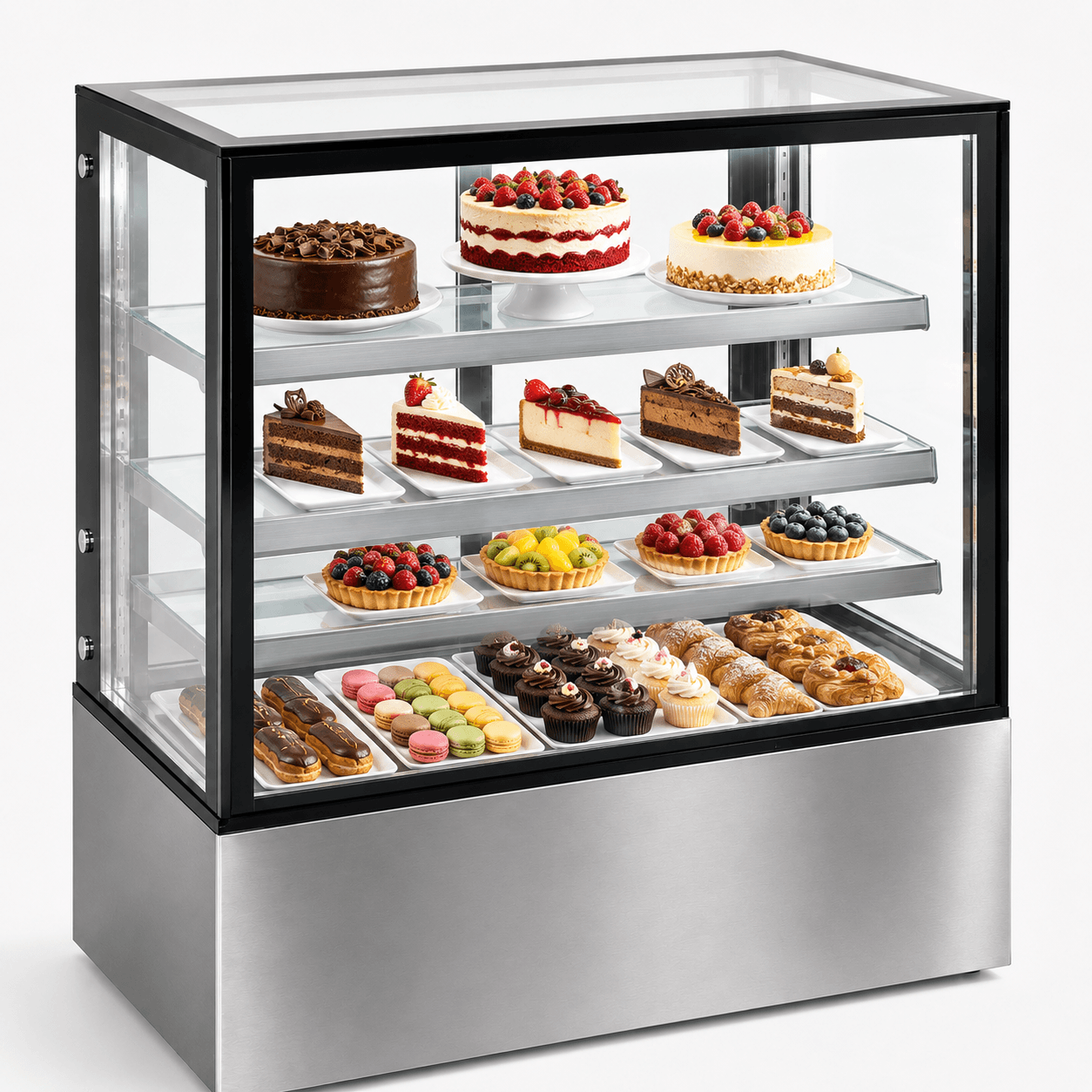Vitrina refrigerada Gelum GD-VFG-PR-210-3 exhibiendo pasteles postres y repostería