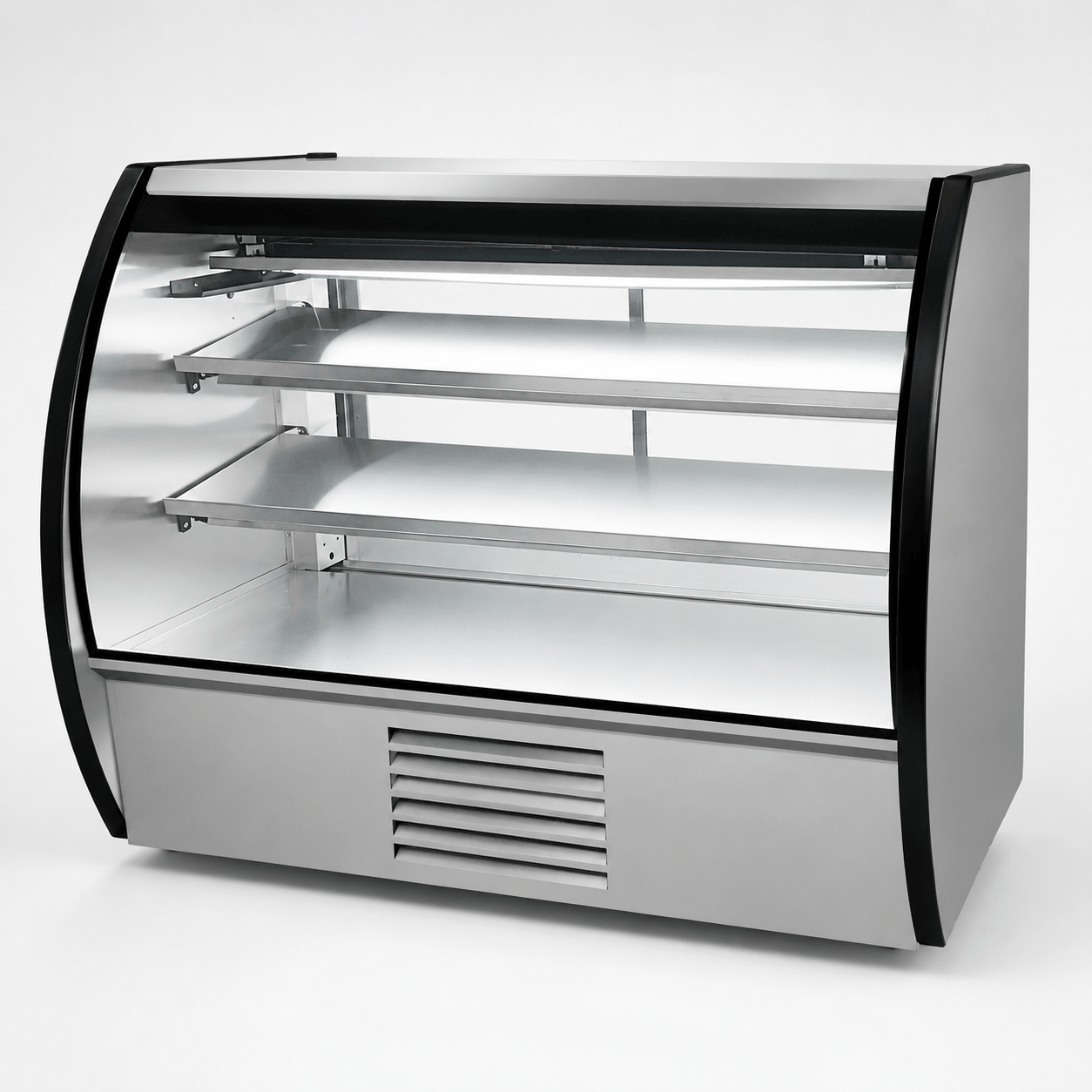 Vista lateral de vitrina refrigerada Gelum VG-C-180 AI con cristal curvo y acero inoxidable