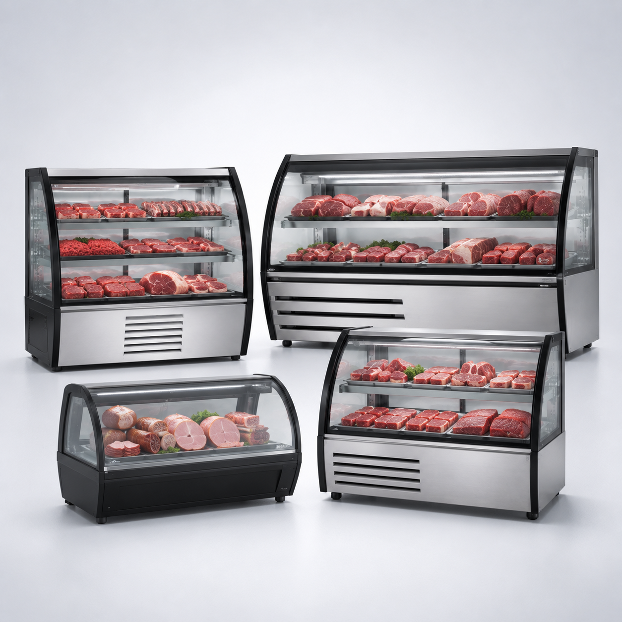 Vitrinas refrigeradas comerciales con carnes y embutidos para carnicerías, cremerías, supermercados y tiendas de alimentos.