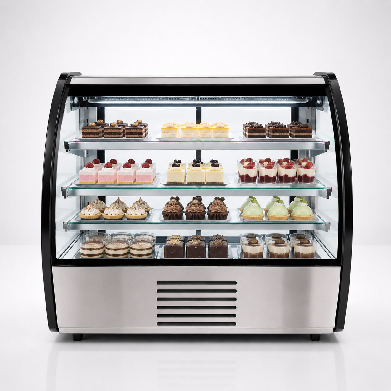 Vitrina refrigerada comercial con alimentos y postres exhibidos en sus diferentes niveles.