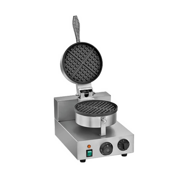 Wafflera americana sencilla MIGSA UWB1 con una placa redonda de teflĂłn, fotografĂa del equipo sobre fondo blanco