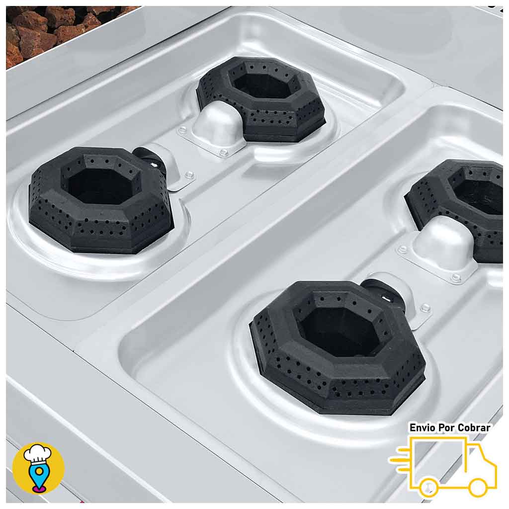 Plancha industrial y gratinador integrados en estufa múltiple de mesa Coriat, ideal para sellar, dorar y gratinar en cocina profesional