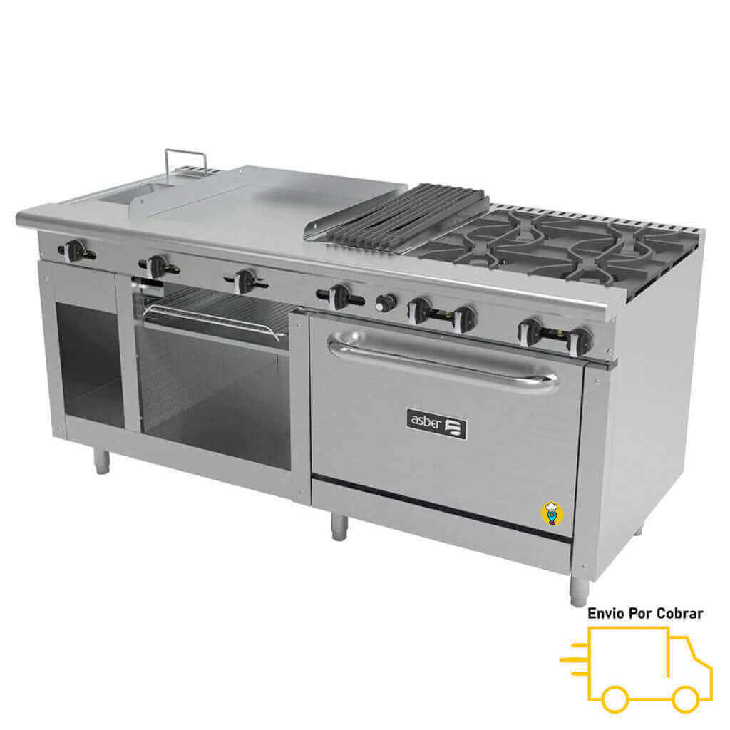 Estufa Múltiple 4 Parrillas, Asador, Plancha, Gratinador, Freidora y Horno ASBER - AMR-72-Estufas Múltiples-ASBER-ElLugarDelChef.com
