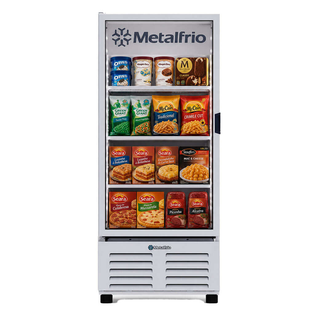 Congeladores verticales industriales con modelos de puerta sólida y puerta de cristal para conservar alimentos en negocios gastronómicos.