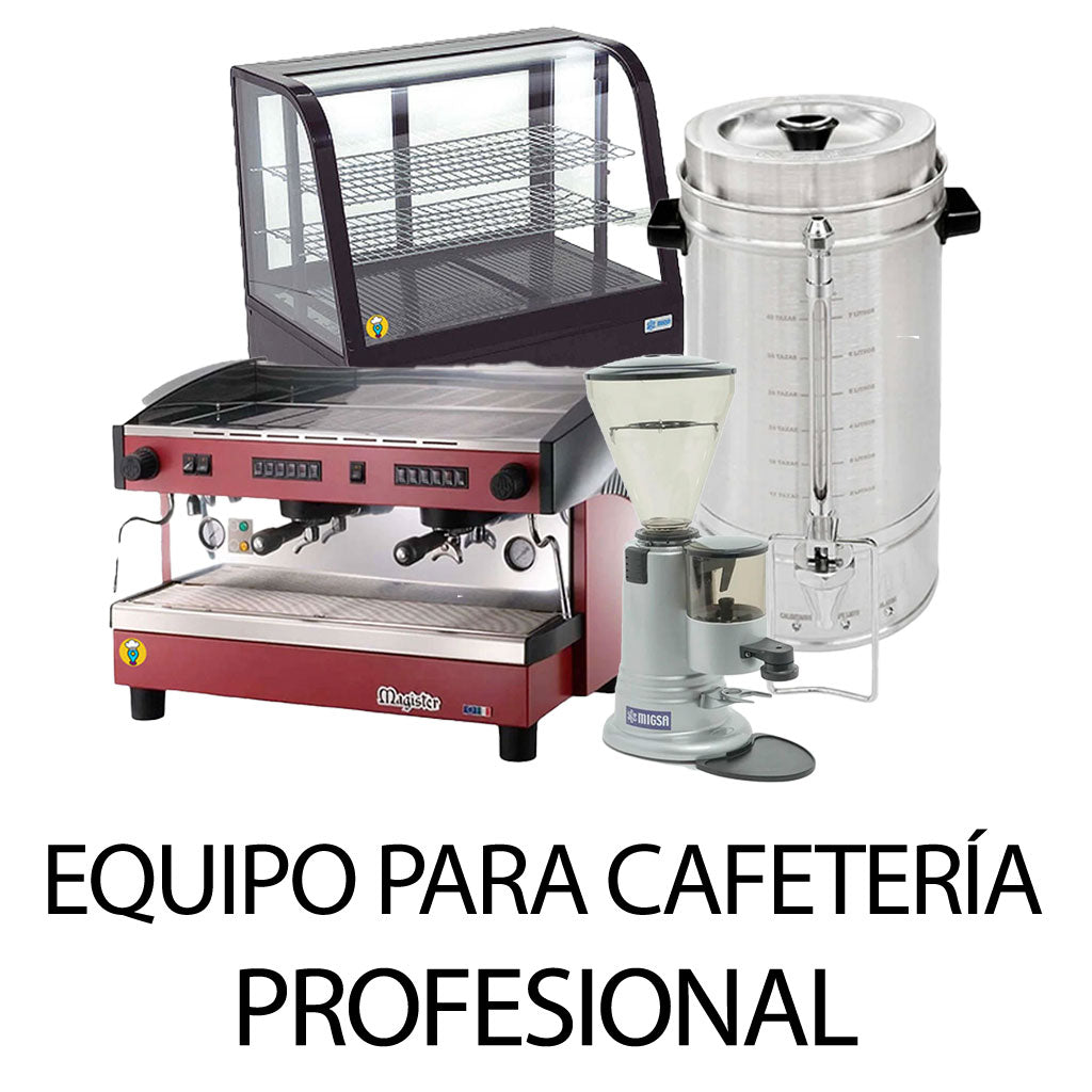 Equipo para cafetería con cafetera espresso, molino de café, vitrina y percoladora