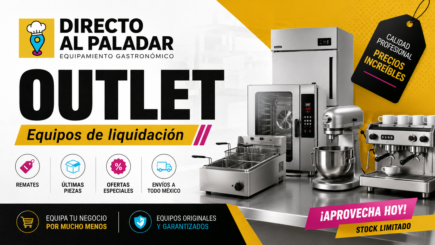 Outlet de equipos gastronómicos de liquidación con hornos, freidoras, cafeteras, batidoras y refrigeración profesional de El Lugar del Chef.