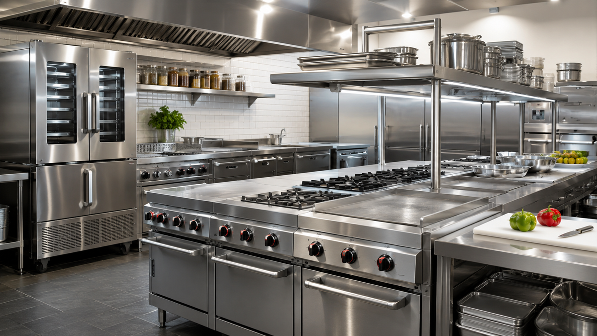 Cocina comercial equipada con estufas, hornos y superficies de acero inoxidable para restaurantes