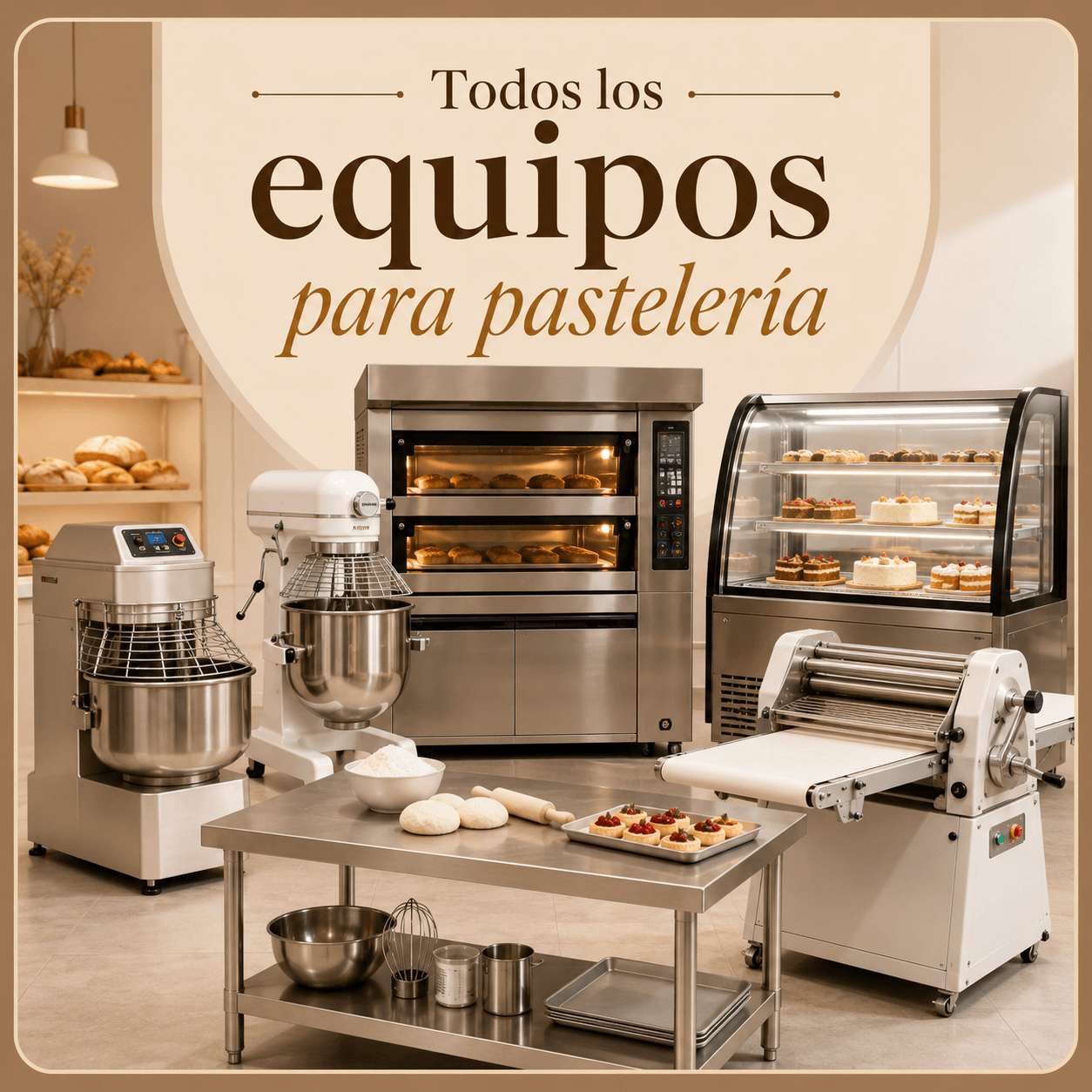 Todos los equipos para pastelería profesional con hornos, batidoras, amasadoras, vitrinas refrigeradas, laminadoras y mesa de trabajo