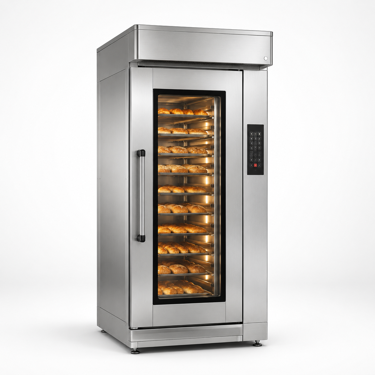Horno industrial para panadería con puerta de cristal y charolas de pan