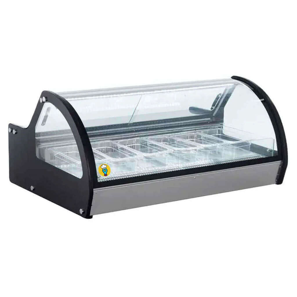 Vitrina congeladora Migsa para helados tipo exhibidor con vidrio curvo y contenedores para sabores