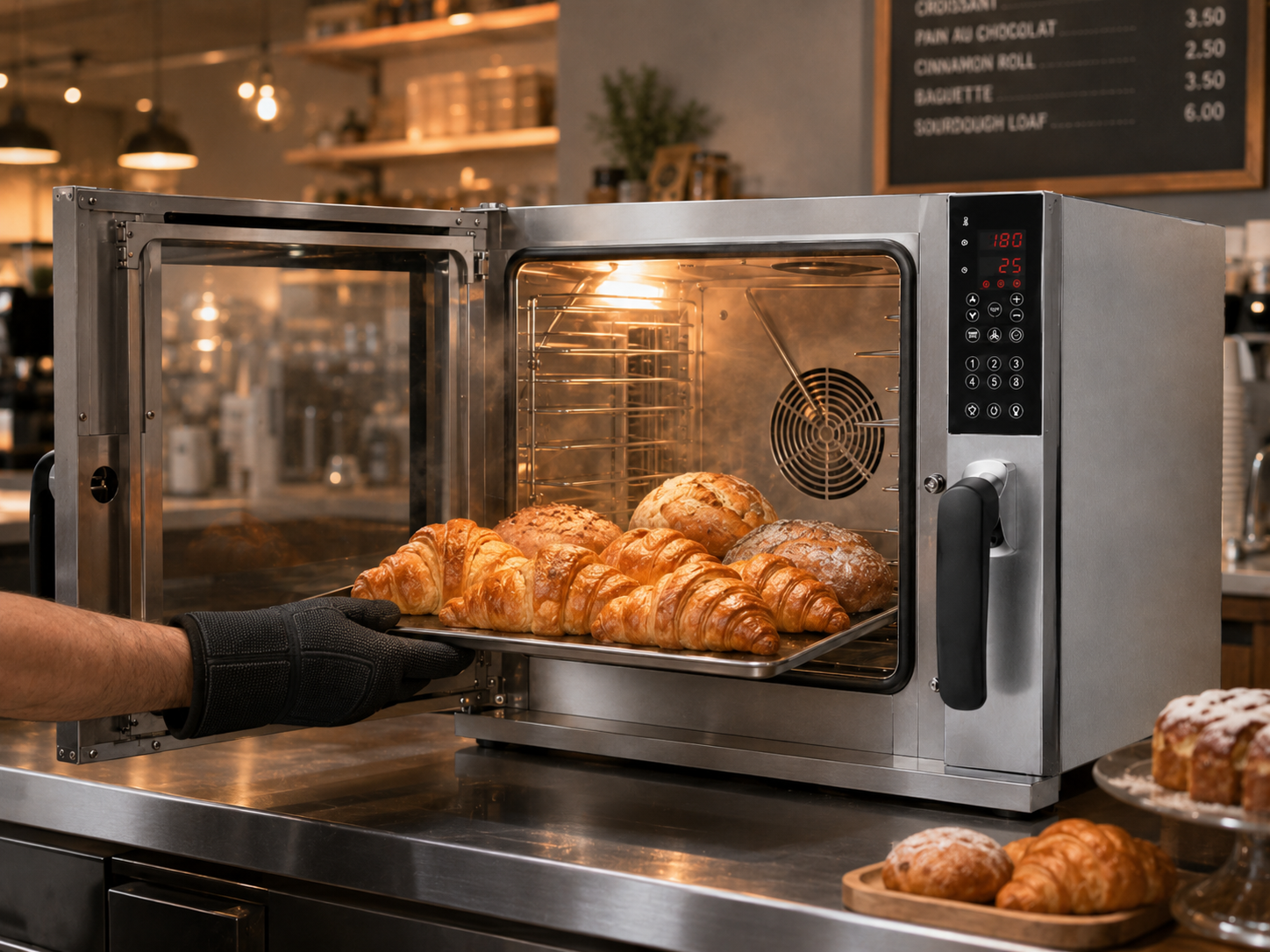 Horno Migsa HDM-600 horneando croissants y pan artesanal en negocio de panadería